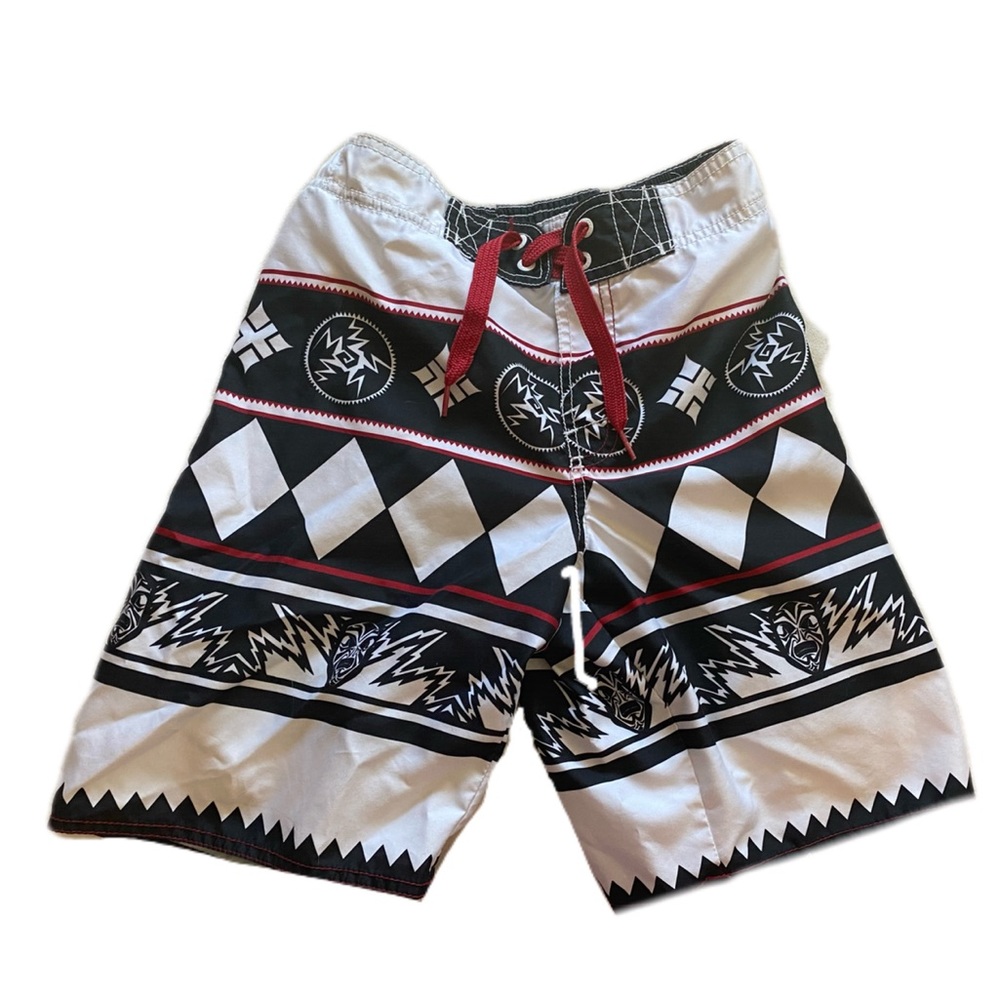 Old Navy Boy’s Red, White, and Black Tiki Mask Inspired Swim Trunks size…
